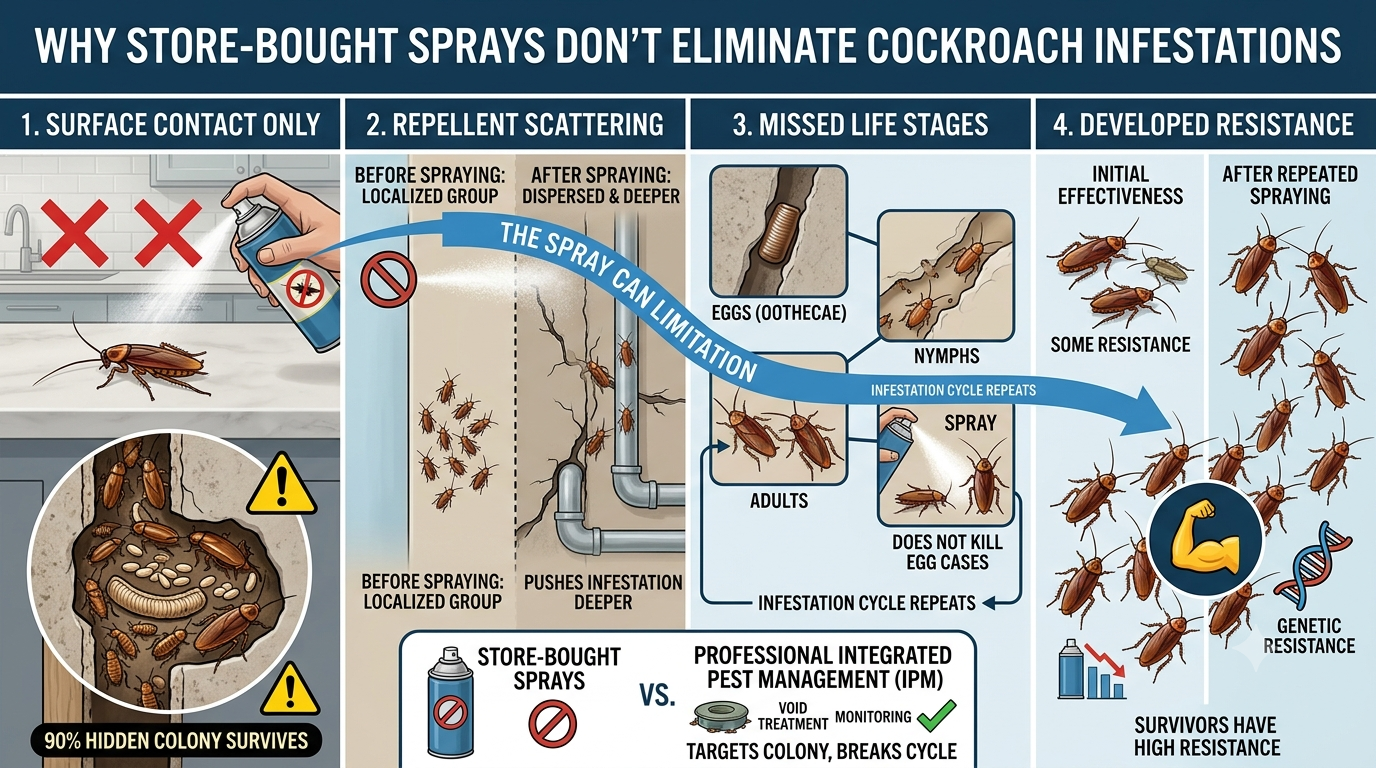 Why Store-Bought Sprays Don’t Eliminate Cockroach Infestations